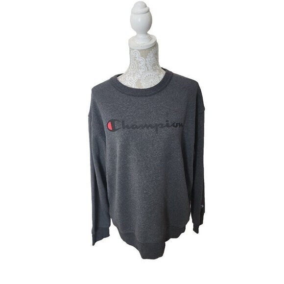 Champion Sweatshirt Crew Neck Gray Script Graphic Logo Men's Large - Picture 1 of 9